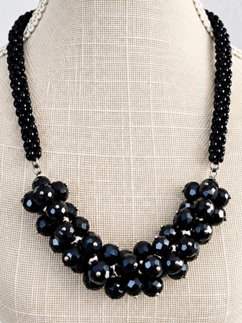 Vintage Midnight Blue Black Faceted Beaded Statement Bib Necklace Silver Tone